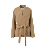 A camel-colored Ermanno Firenze belted wrap coat featuring a deep V-neckline and long sleeves against a white background.