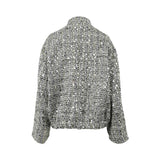 ERMANNO FIRENZE tweed jacket covered in shimmering silver sequins with a high neck and long sleeves.