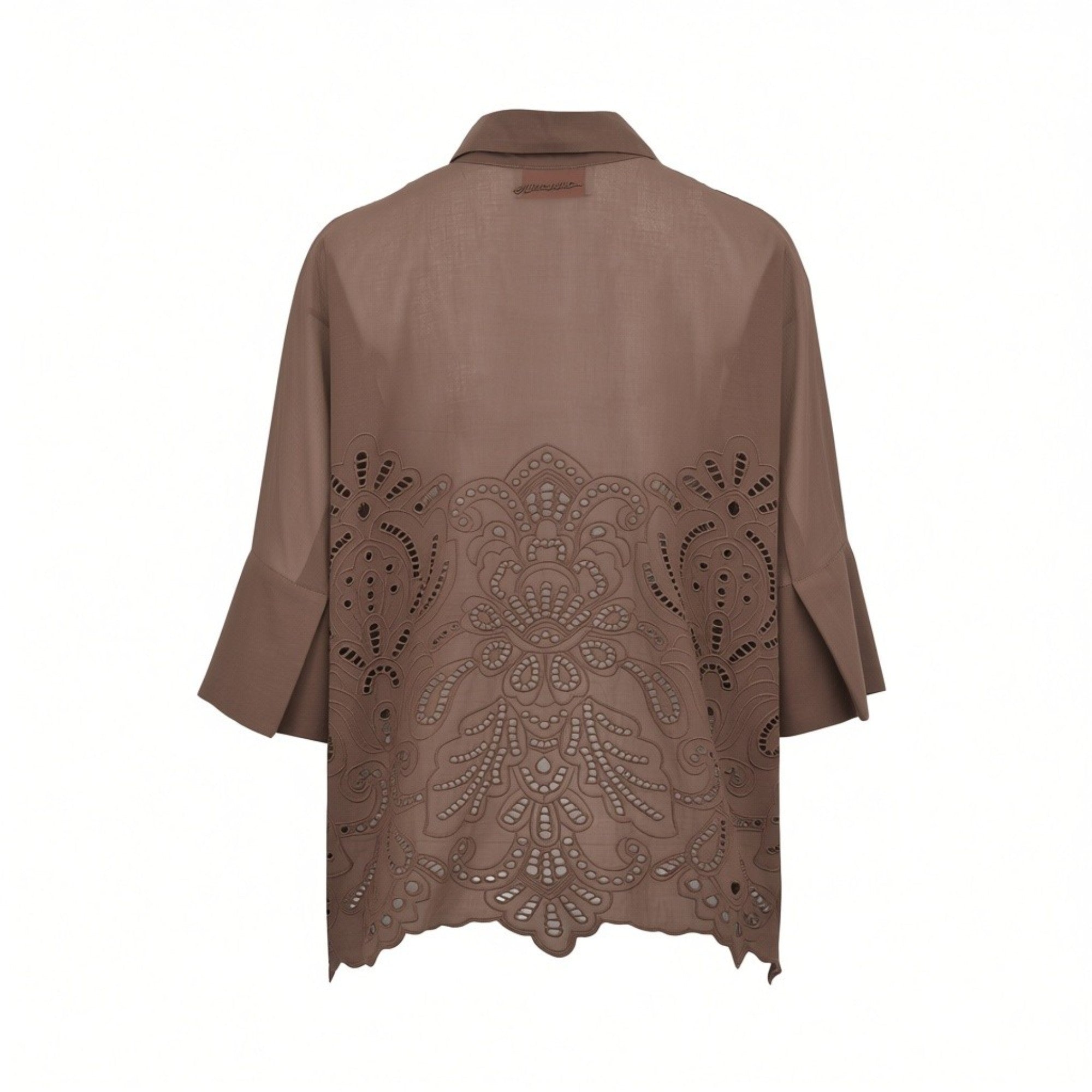 Back studio shot of the brown ERMANNO FIRENZE linen blouse, highlighting the continuous ornate eyelet embroidery pattern and scalloped hem.
