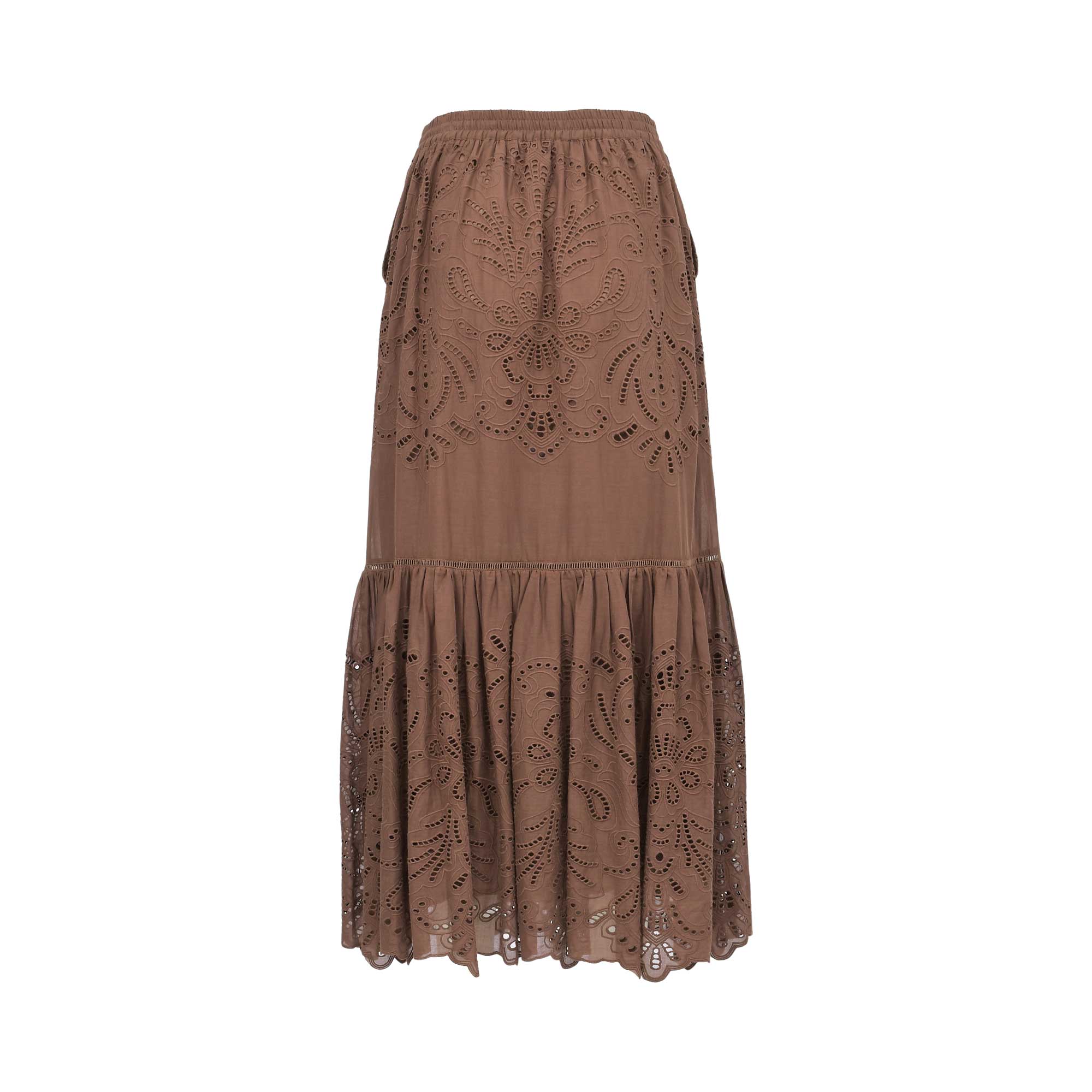 Back studio shot of the brown ERMANNO FIRENZE linen maxi skirt, showcasing the continuous ornate floral embroidery panels and scalloped lower tier.
