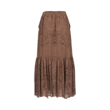 Back studio shot of the brown ERMANNO FIRENZE linen maxi skirt, showcasing the continuous ornate floral embroidery panels and scalloped lower tier.