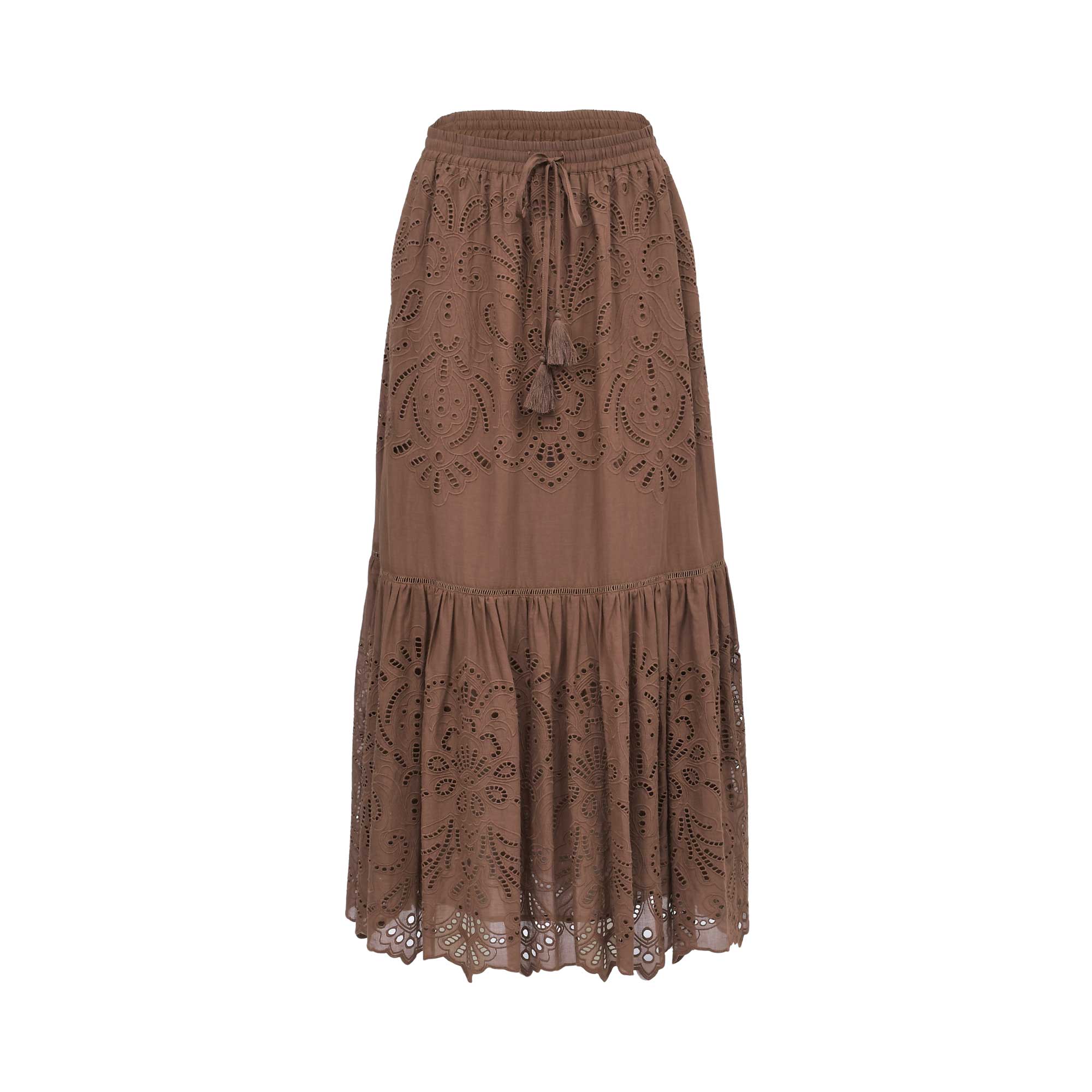 Front studio shot of a brown ERMANNO FIRENZE tiered maxi skirt featuring complex tonal eyelet embroidery and a drawstring waist with tassels.