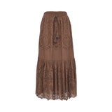Front studio shot of a brown ERMANNO FIRENZE tiered maxi skirt featuring complex tonal eyelet embroidery and a drawstring waist with tassels.