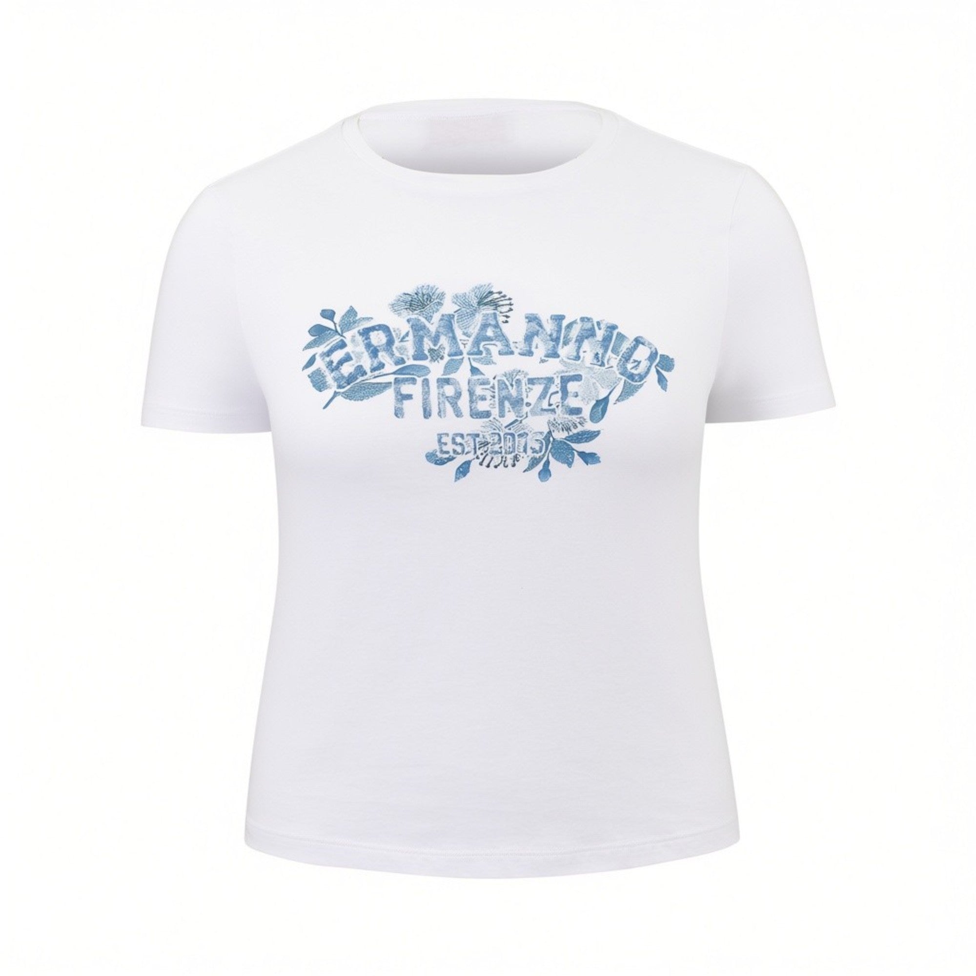 Front studio shot of a white ERMANNO FIRENZE women's crew-neck t-shirt featuring an indigo-blue floral graphic and brand logo on the chest.