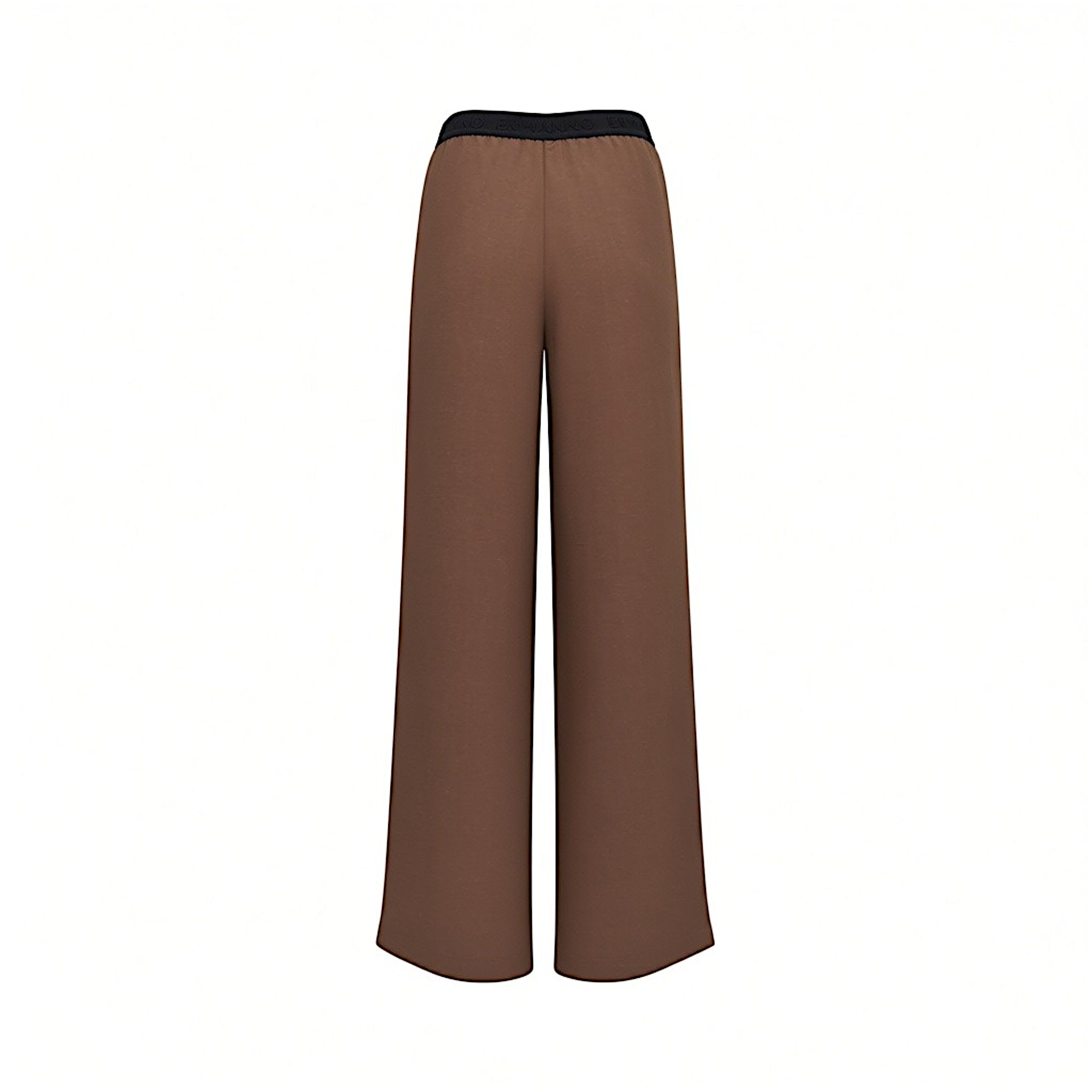 Back studio shot of the brown ERMANNO FIRENZE trousers, highlighting the clean fluid drape of the wide-leg silhouette and the continuous black waistband.