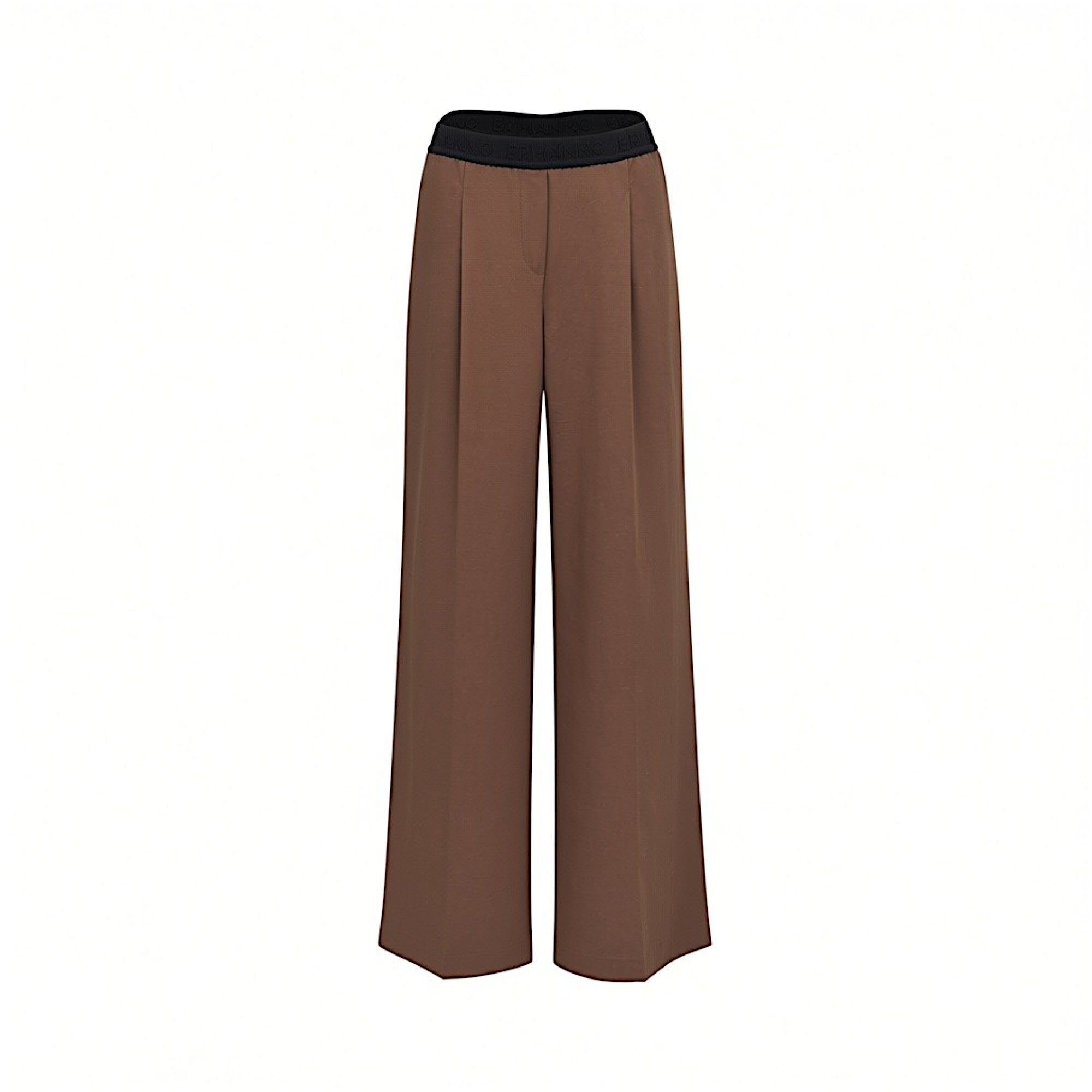Front studio shot of brown ERMANNO FIRENZE wide-leg trousers featuring a black elasticated logo waistband and tailored front pleats.