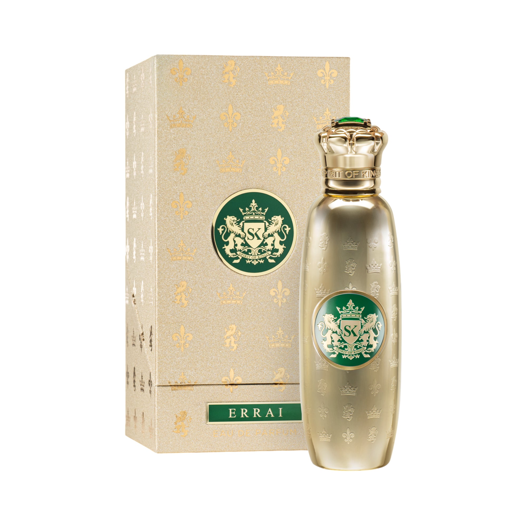 Gold-toned perfume bottle with a crown-shaped cap featuring a green gem. It has embossed patterns and a green crest label. Ma