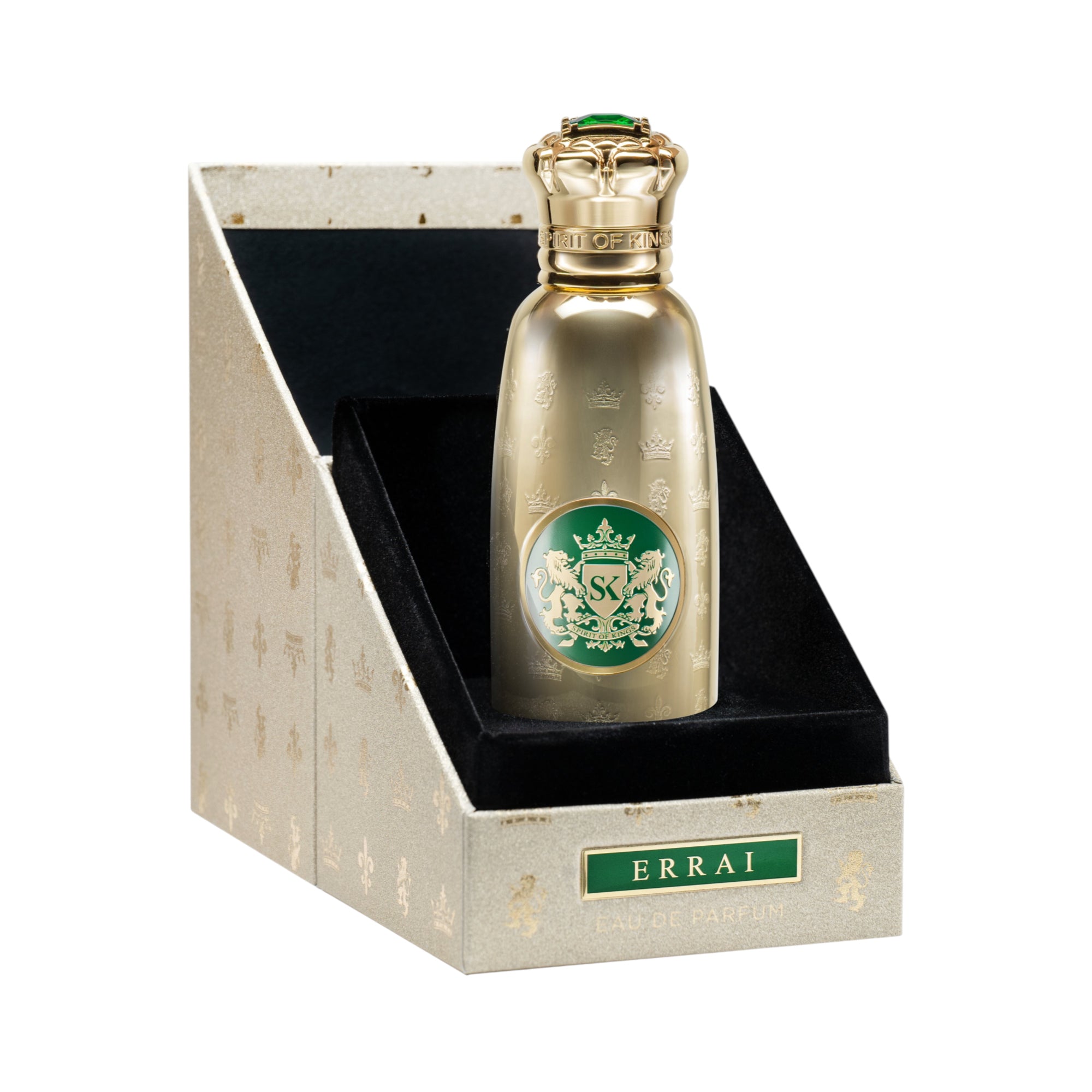 Gold-toned perfume bottle with embossed crowns, fleur-de-lis, and a green crest label. Crown-shaped cap has a green gem.