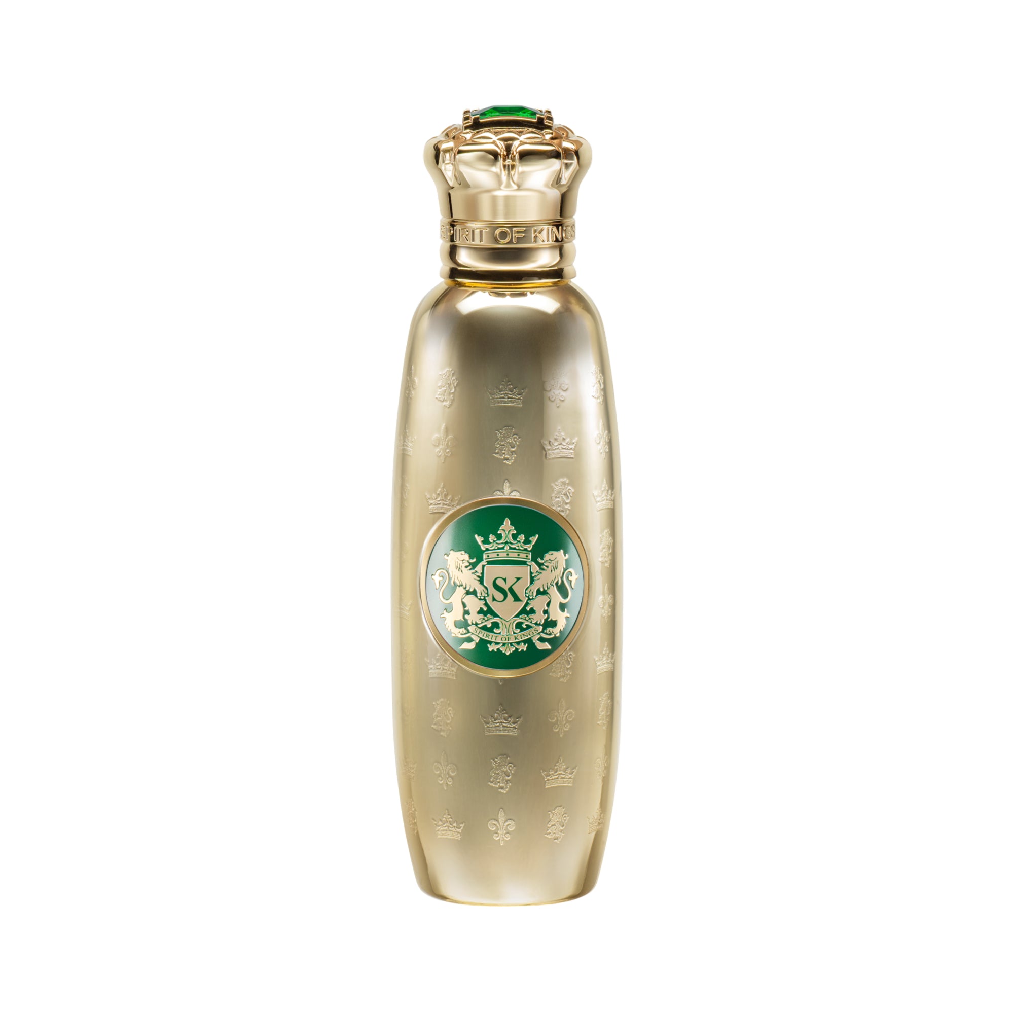 Gold-toned perfume bottle with an embossed pattern, a green and gold central emblem, and an ornate gold-toned cap with a gree