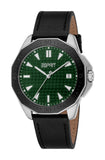Esprit Men's Green Dial Silver-Tone & Black Leather Strap Watch