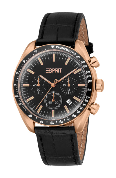 Esprit Men's Black Dial Rose Gold-Tone Chronograph Watch with Black Leather Strap