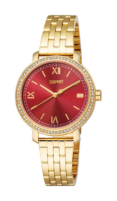 Esprit July Women’s Gold Watch with Red Dial and Crystal Bezel