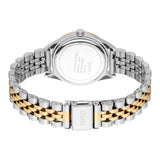 Women's watch with a silver-toned case and a two-tone silver-toned and gold-toned metal link bracelet. Silver-toned clasp wit