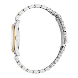 Silver-toned watch with a round case, gold-toned bezel, white dial, and a silver-toned metal link bracelet with a clasp.