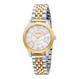 Esprit women's watch with a silver-toned and gold-toned metal link bracelet, round case, and a white mother-of-pearl effect d