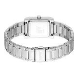Silver-toned stainless steel watch with a rectangular case and a metal link bracelet. The case back and clasp are engraved wi