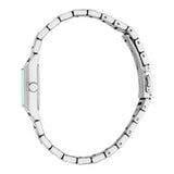 Silver-toned rectangular watch with a light blue face and a silver-toned metal link bracelet.