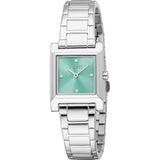 Silver-toned Esprit women's watch with a rectangular case, polished link bracelet, and a light green square dial.