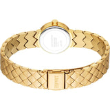 Gold-toned watch, back view. Round case with stainless steel back. Band has wavy links near case, woven links further down, a