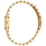 Gold-toned watch with a light green dial, textured bezel, and a link bracelet with small circular details on each link.