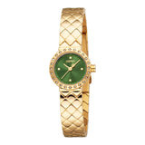 Gold-toned Esprit women's watch with a quilted metal bracelet, a green dial, and a bezel set with clear gemstones.