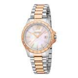 Rose gold-toned and silver-toned Esprit women's watch with a white mother-of-pearl effect dial and crystal-embellished bezel.
