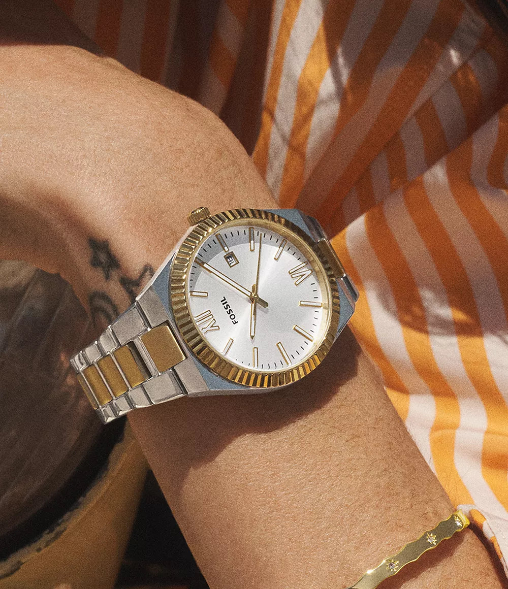 Fossil Scarlette Three Hand Date Two Tone Stainless Steel Watch Bluesalon