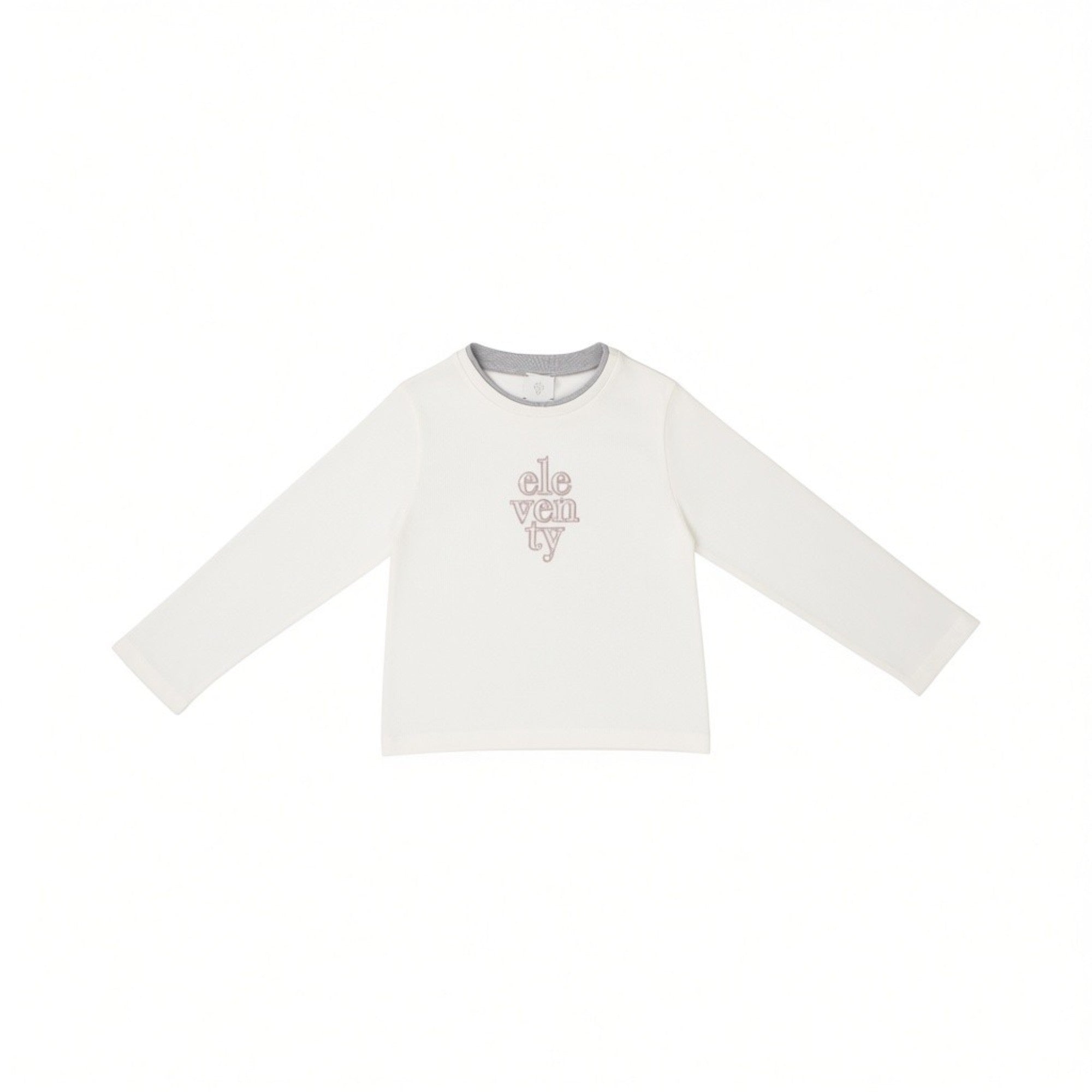 Ivory long-sleeved T-shirt with a grey ribbed crew neck and "eleventy" embroidered in light pink on the chest.