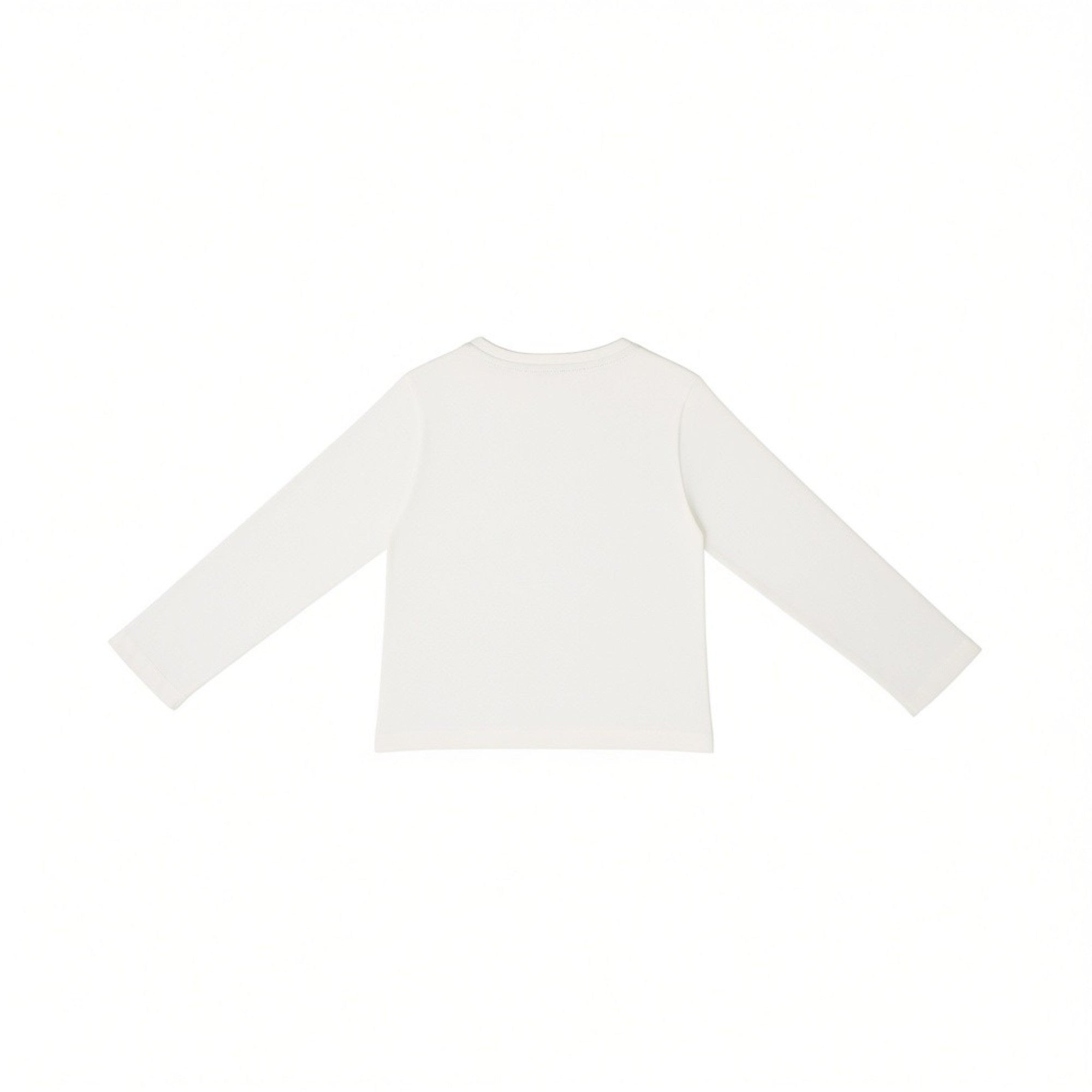 Ivory long-sleeved crew neck t-shirt, plain knit fabric, back view.