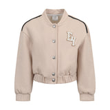 Beige bomber jacket with a baseball collar, silver snap buttons, black shoulder stripes, and an embroidered "EY" logo.