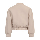 Beige jogging suit top with a stand-up collar, long sleeves with ribbed cuffs, and an elasticated, gathered hem.