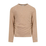 Eleventy Kids long sleeve top in beige, featuring a round neck and ruched detail on the front torso, with a brand patch on th