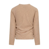 Beige long-sleeved knit top with a crew neck and horizontal ruching detail on the lower back.