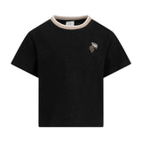 Dark grey short-sleeve t-shirt with a white and beige striped crew neck. Embroidered 'eleven ty' logo on the chest.