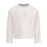 Ivory long-sleeved crew neck t-shirt with a silver-toned "eleventy" logo on the chest and grey inner neck trim.