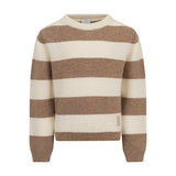 Eleventy Kids cream and brown horizontal striped knit pullover sweater with a crew neck and ribbed trims.