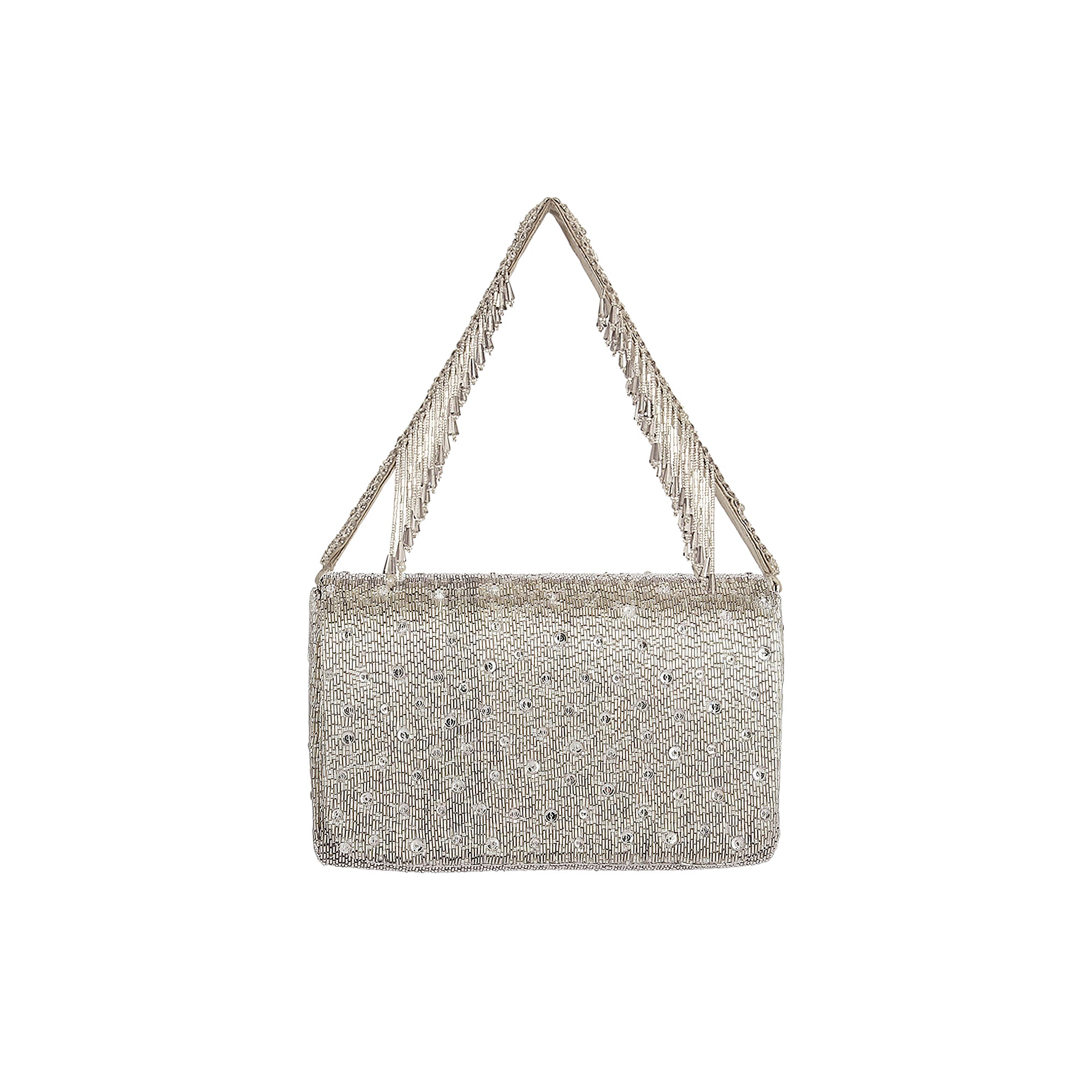 Silver rectangular clutch bag with all-over bead and sequin embellishment, featuring two short fringed handles.