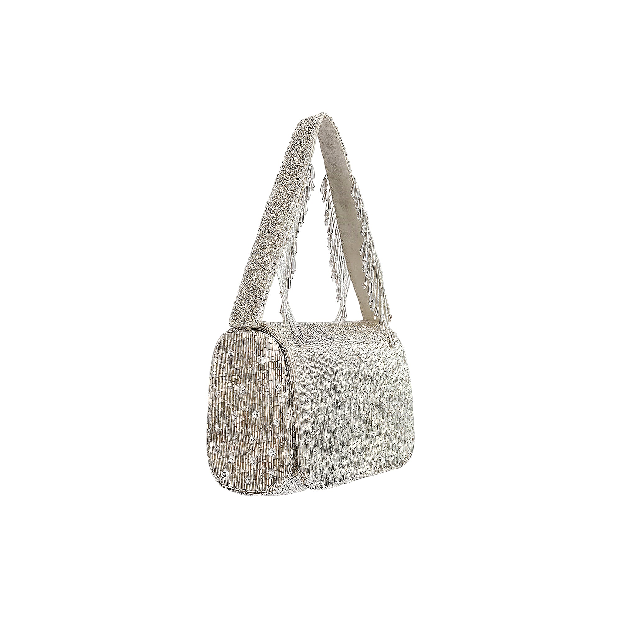 Silver-toned beaded flapover clutch with a handle. The handle has fringe beads. The clutch body has scattered larger embellis