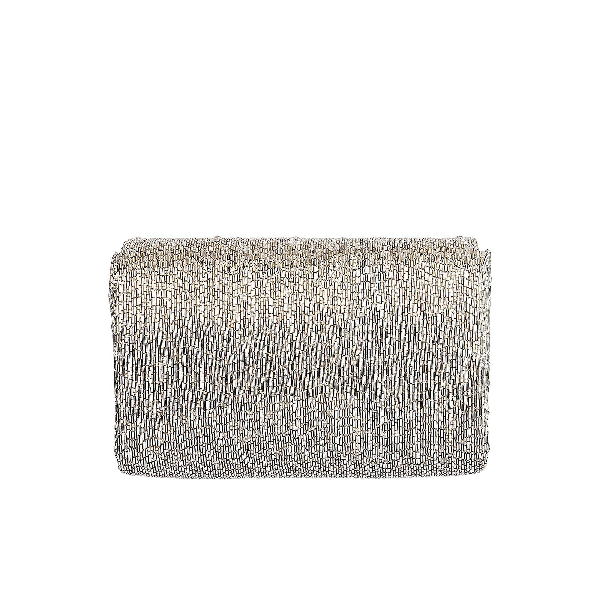 Lustrous silver-toned flapover clutch bag covered in small, elongated beads, creating a shimmering texture.