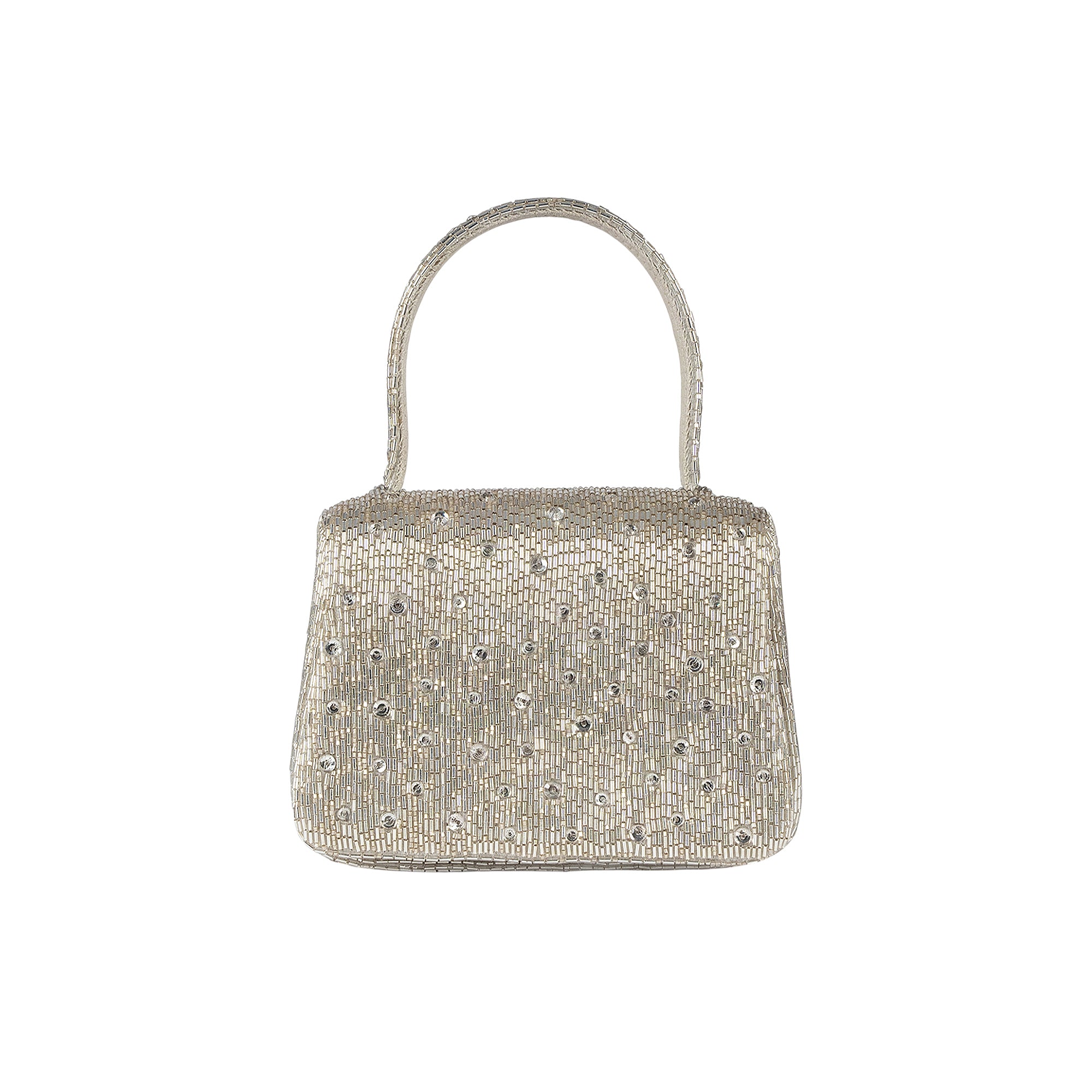 LOVETOBAG Eclat Mini Trapezium clutch bag in lustrous silver, fully covered in small beads and larger faceted embellishments.
