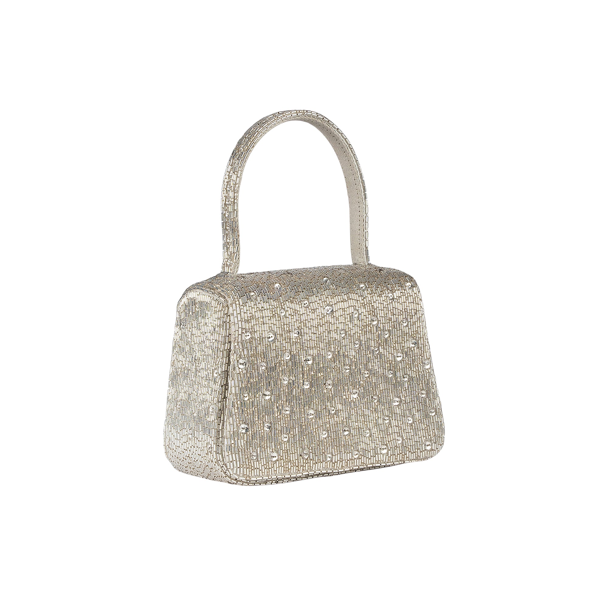 Lustrous silver-toned mini trapezium clutch bag with a single top handle, entirely covered in tiny beads and scattered round