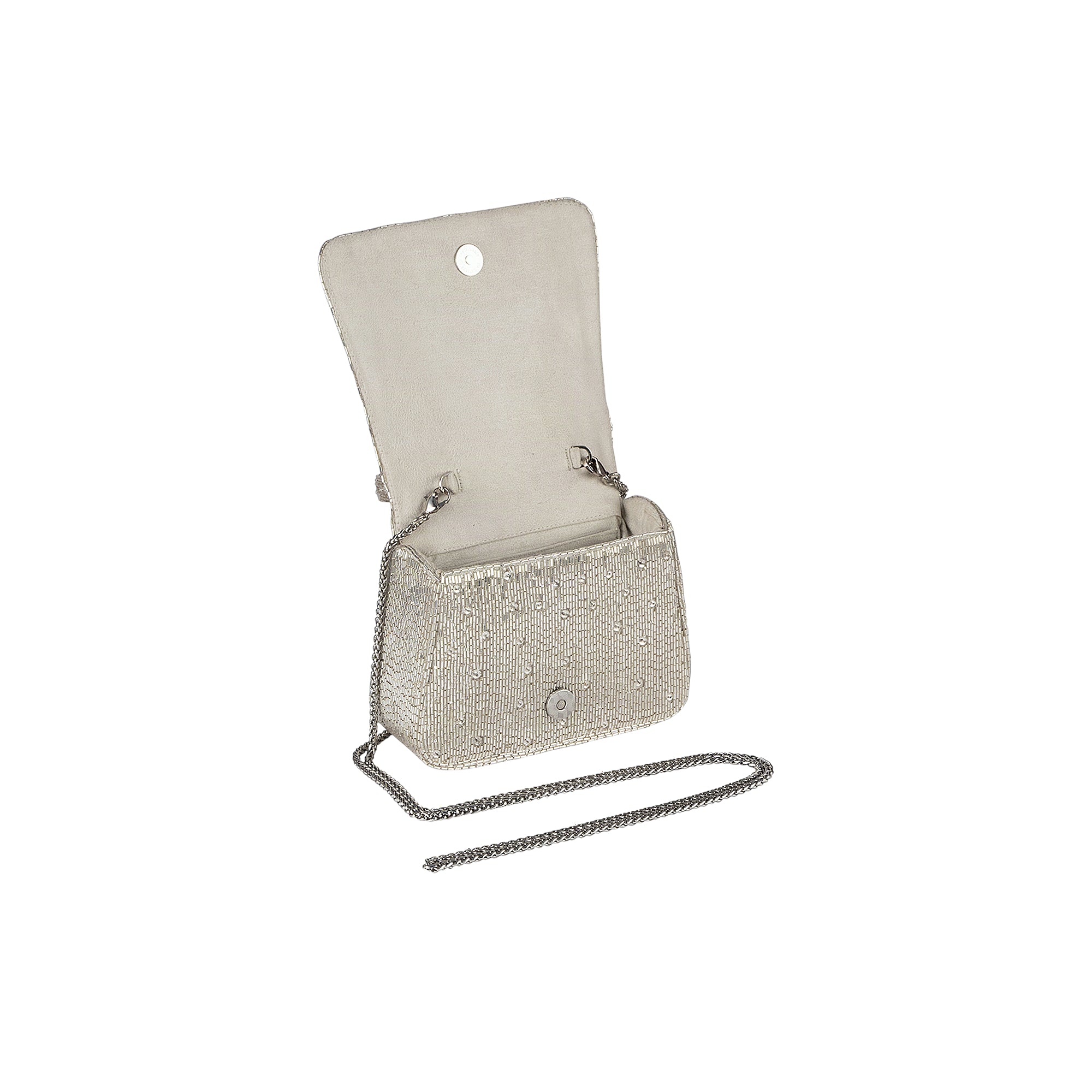 Lustrous silver mini trapezium clutch, covered in tiny beads/sequins. Open flap, silver-toned magnetic snap, and chain strap.