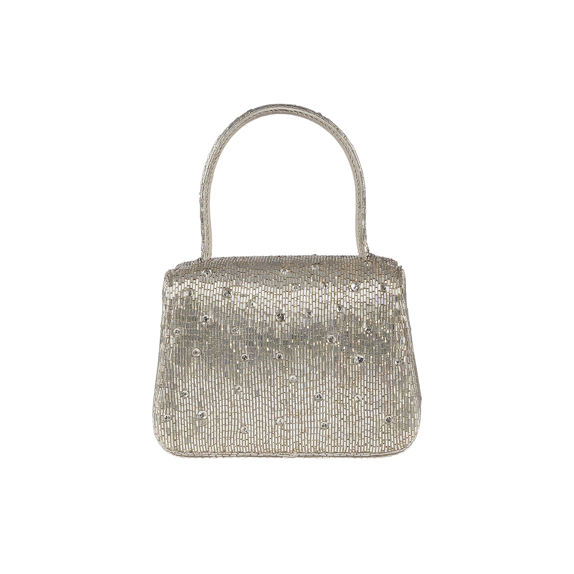 Silver-toned trapezium clutch bag, fully covered in tiny beads and scattered clear sparkling beads, with a beaded top handle.