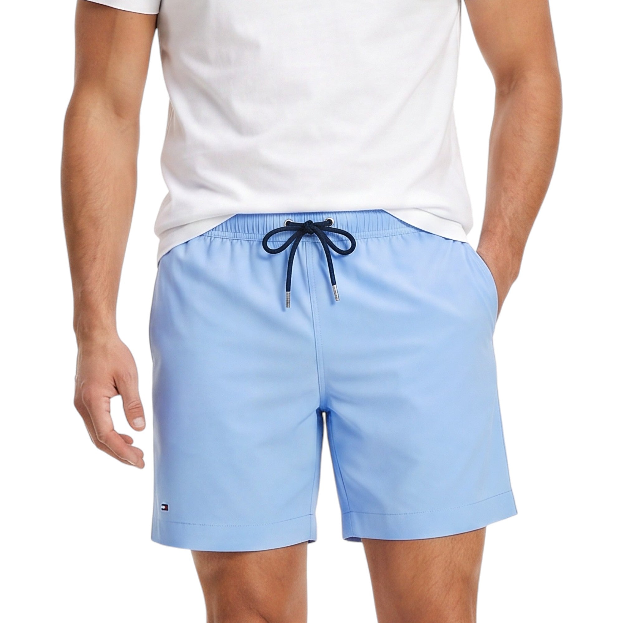 Light blue swim shorts with an elastic waistband, dark blue drawstring with silver-toned aglets, side pockets, and a small lo