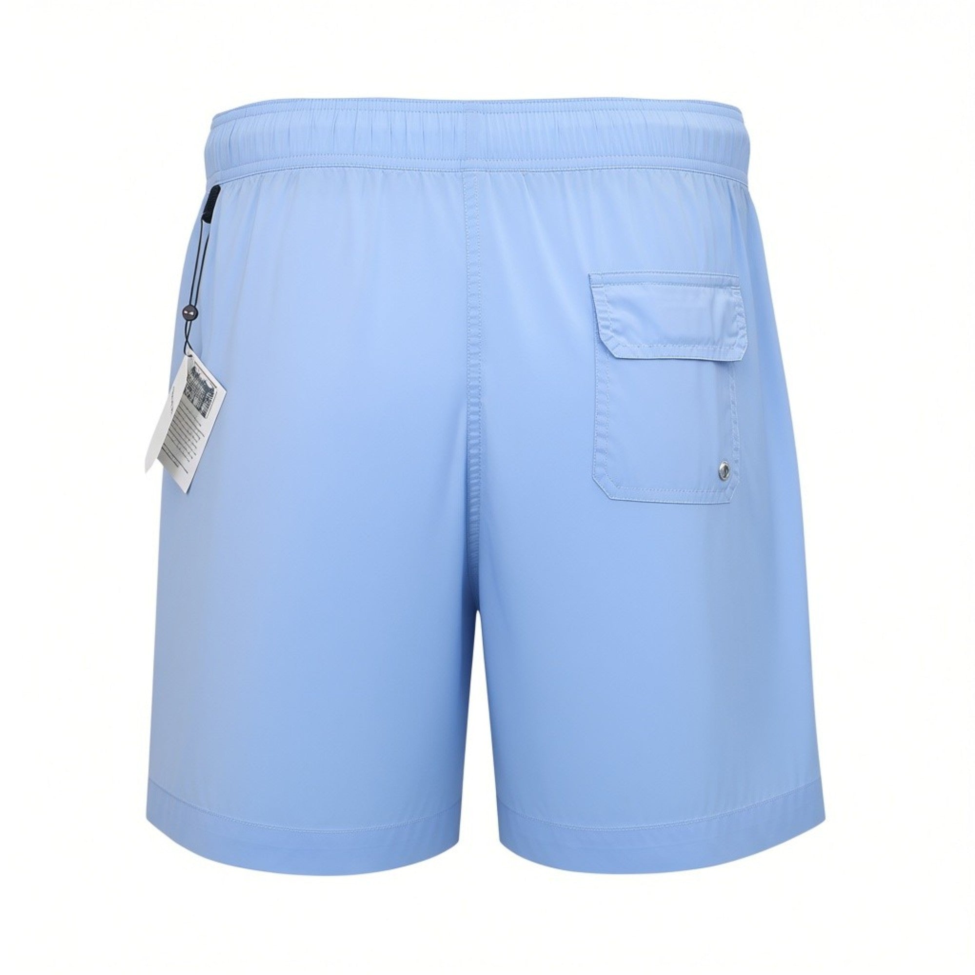 Light blue swim shorts with an elasticated waistband, a black drawstring, and a rear flap pocket with a silver-toned eyelet.