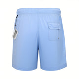 Light blue swim shorts with an elasticated waistband, a black drawstring, and a rear flap pocket with a silver-toned eyelet.