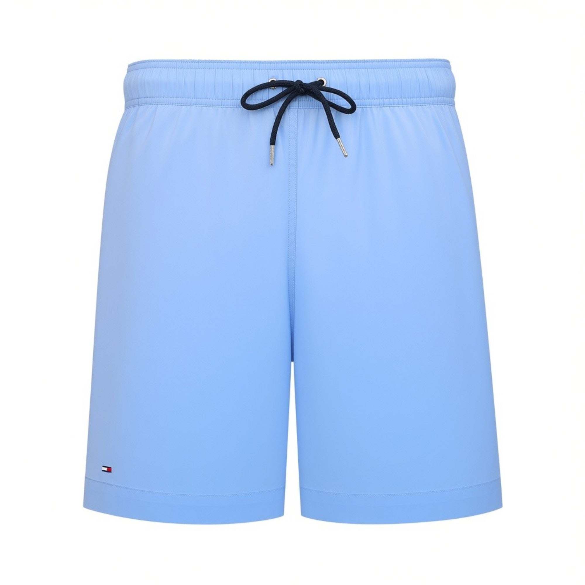 Light blue men's swim shorts with an elasticated waistband, dark navy drawstring, and small brand flag emblem on the left leg