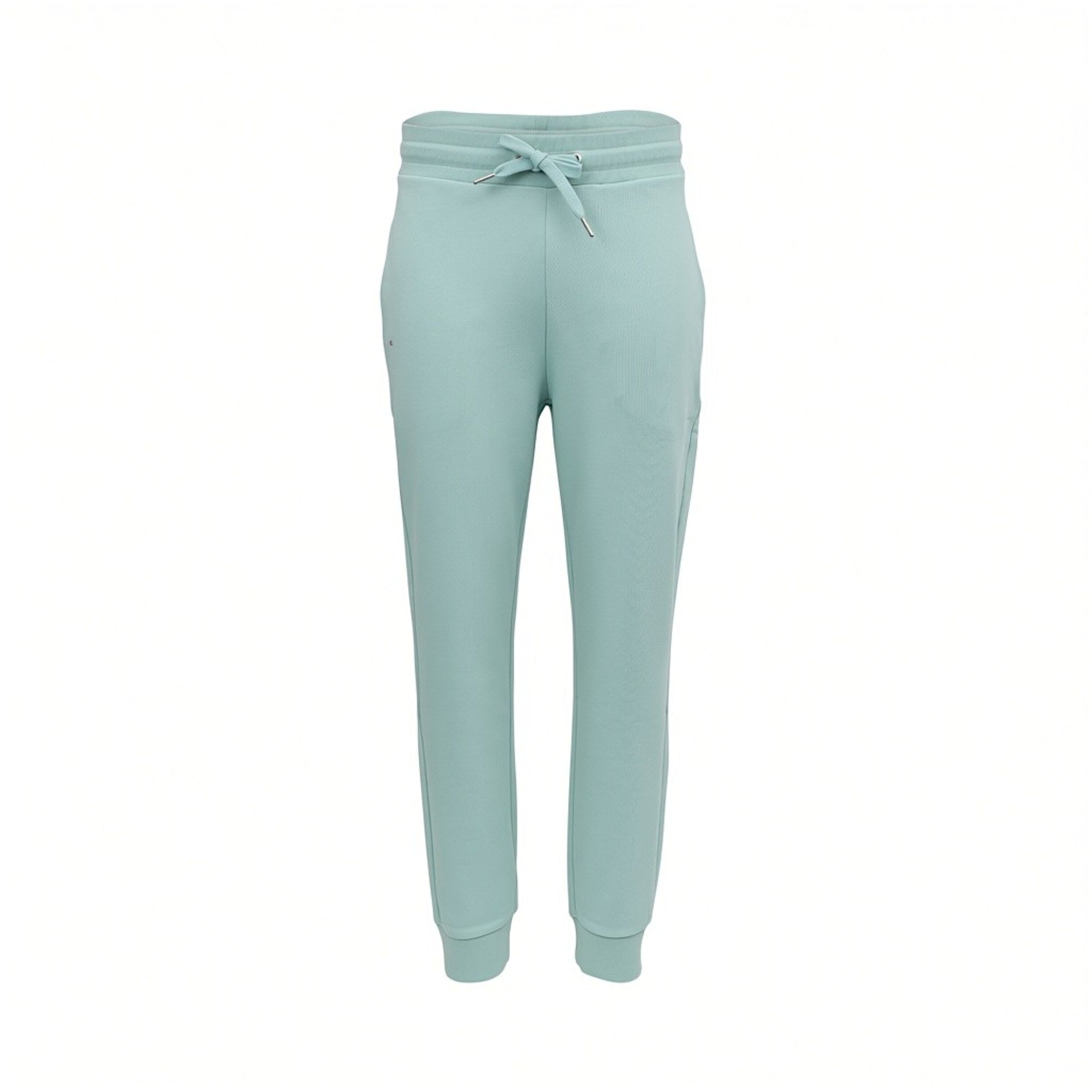 A pair of light mint green sweatpants with an elastic waistband and matching drawstring, shown against a plain white background.