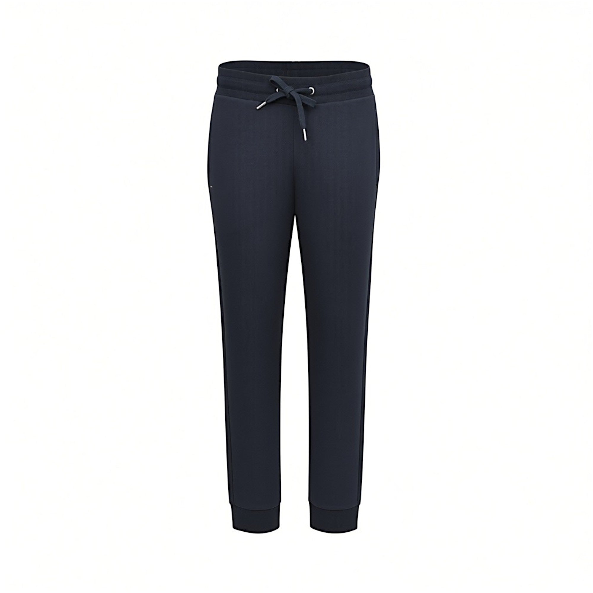 Front studio shot of men's Eden Park jogger sweatpants in navy blue, showcasing the elastic drawstring waistband and a sleek, tapered leg silhouette.