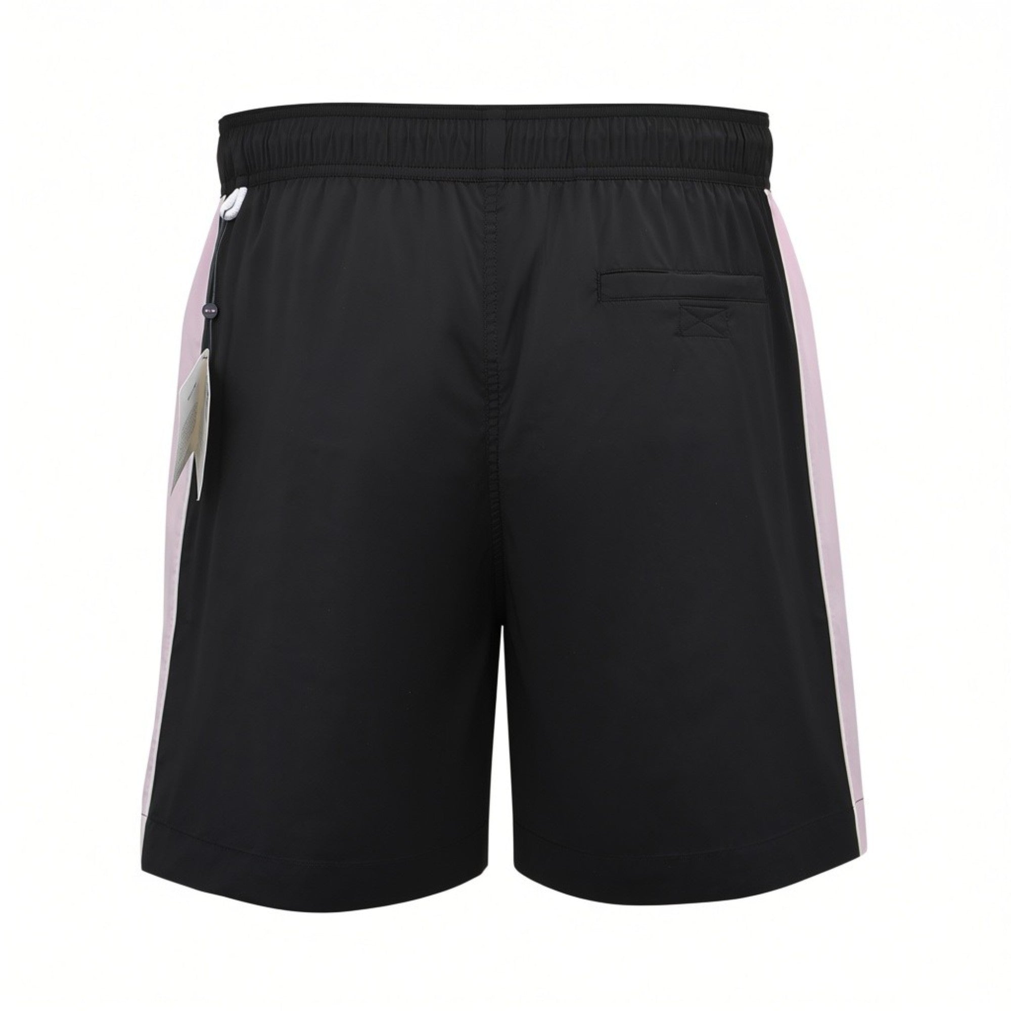 Back studio shot of the men's Eden Park black swim shorts, highlighting the pale pink side panels, a single rear welt pocket, and retail attached tags.